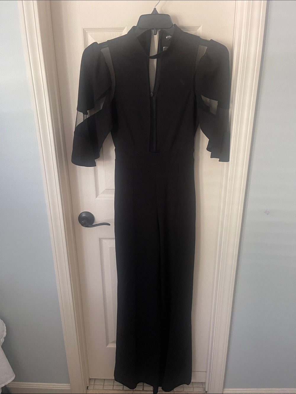 Women's Black Jumpsuit with Sheer Puff Sleeves
